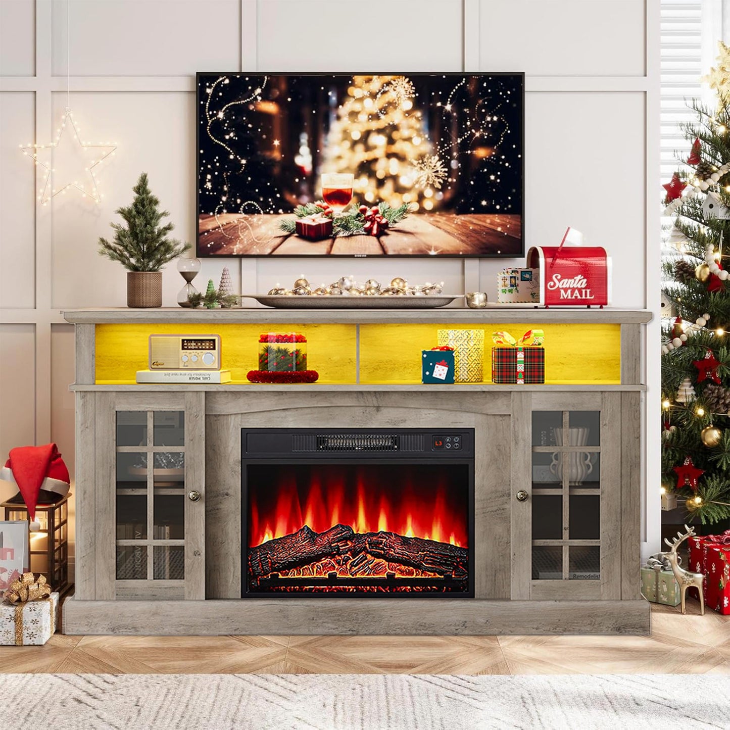 Tenalic Fireplace TV Stand with LED Light for 65 Inch TV, TV Console with Electric Fireplace, Console Entertainment Center Television Table for Living Room or Bedroom, White+Brown