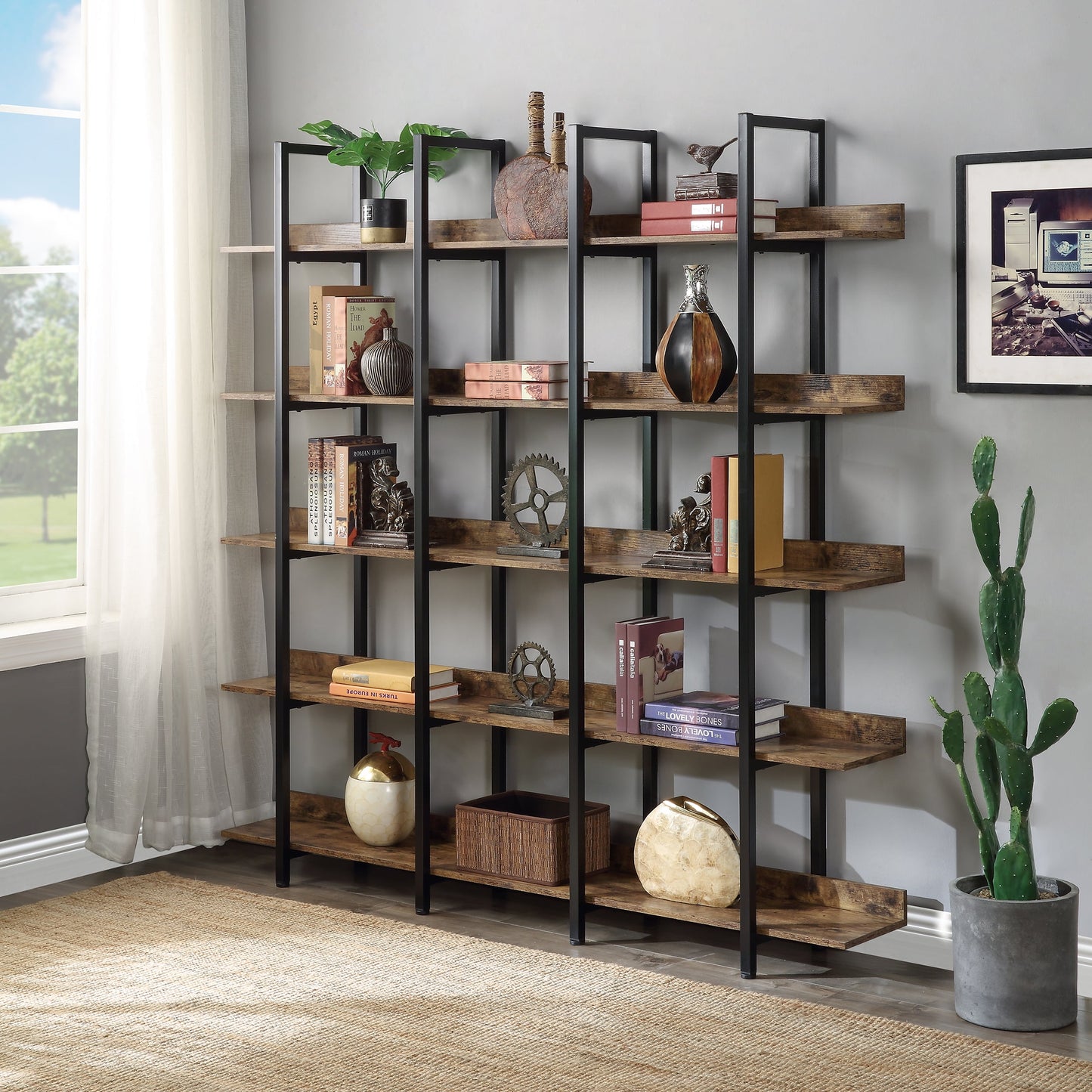 Tenalic Storage racks 5-Shelf Tall Bookcase, Home Office Open Bookshelf, 70 Inches Storage Rack Shelves Display Plant Flower, Brown Wood with Black Metal Frame