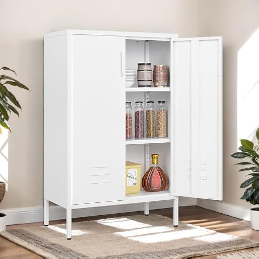 Tenalic Metal Storage Cabinet Small Cabinet with 2 Doors Office Cabinet, 41.96" H Steel Cabinet with Adjustable Shelve, Cabinet for Garage, Kitchen, Office, Living Room-White