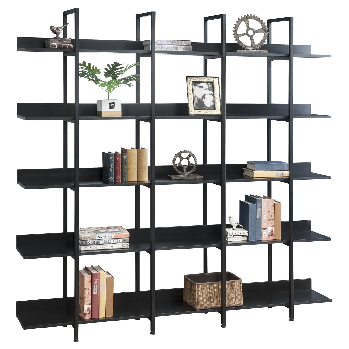 Tenalic Storage racks 5-Shelf Tall Bookcase, Home Office Open Bookshelf, 70 Inches Storage Rack Shelves Display Plant Flower, Brown Wood with Black Metal Frame