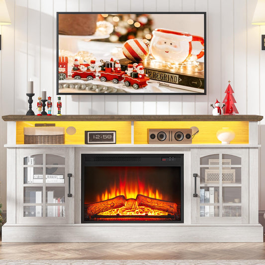 Tenalic Fireplace TV Stand with LED Light for 65 Inch TV, TV Console with Electric Fireplace, Console Entertainment Center Television Table for Living Room or Bedroom, White+Brown