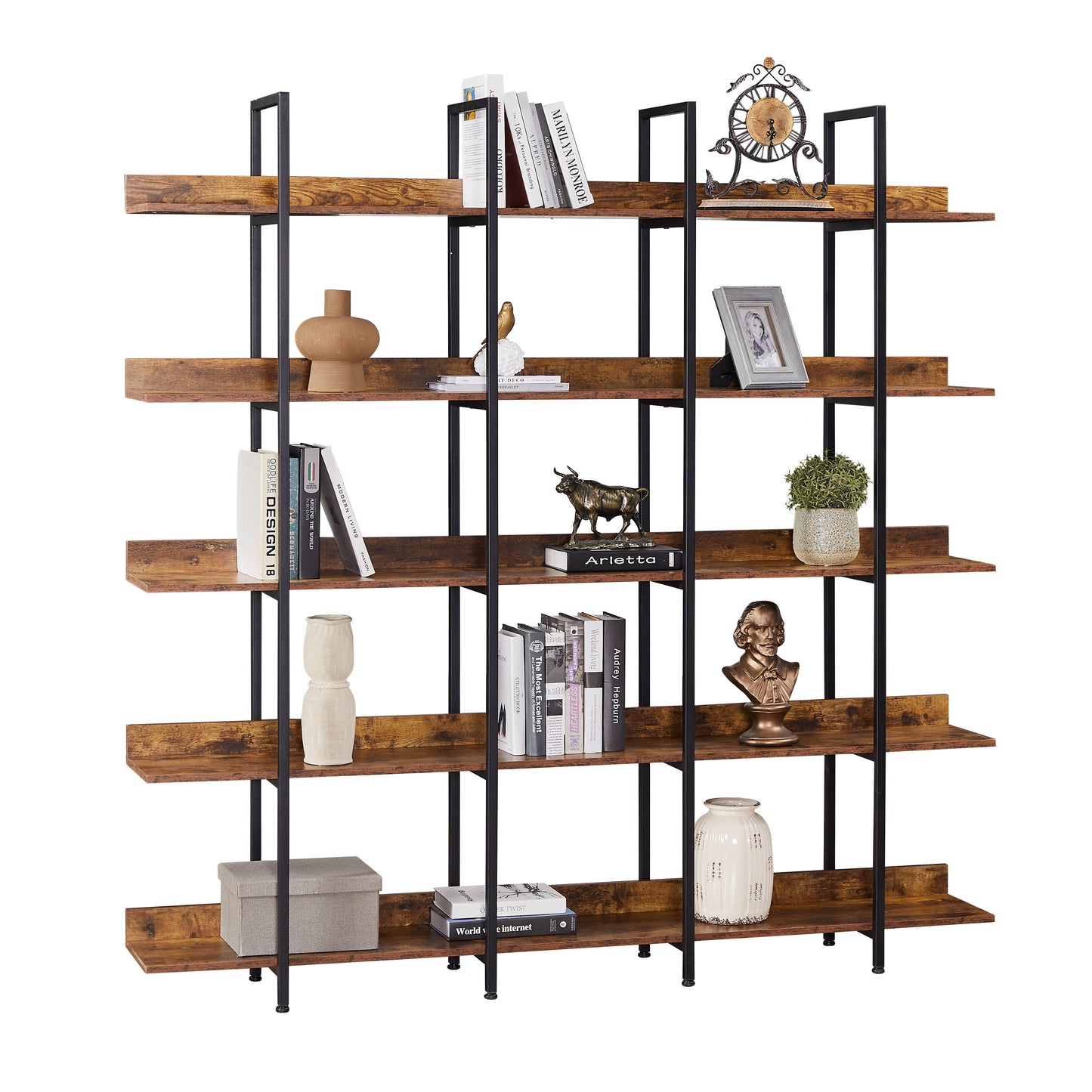 Tenalic Storage racks 5-Shelf Tall Bookcase, Home Office Open Bookshelf, 70 Inches Storage Rack Shelves Display Plant Flower, Brown Wood with Black Metal Frame