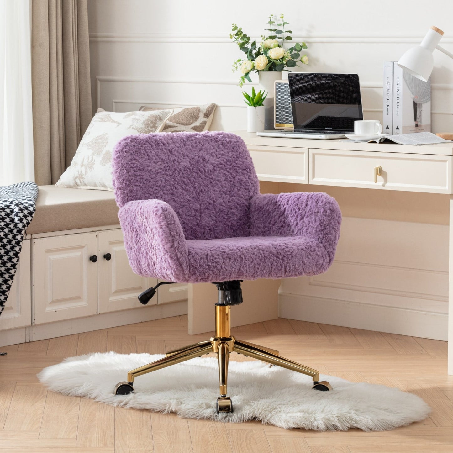 Tenalic  Modern Makeup Chair, 360° Swivel Computer Chair, Mid Back Chair, Living Room Chairs, Purple