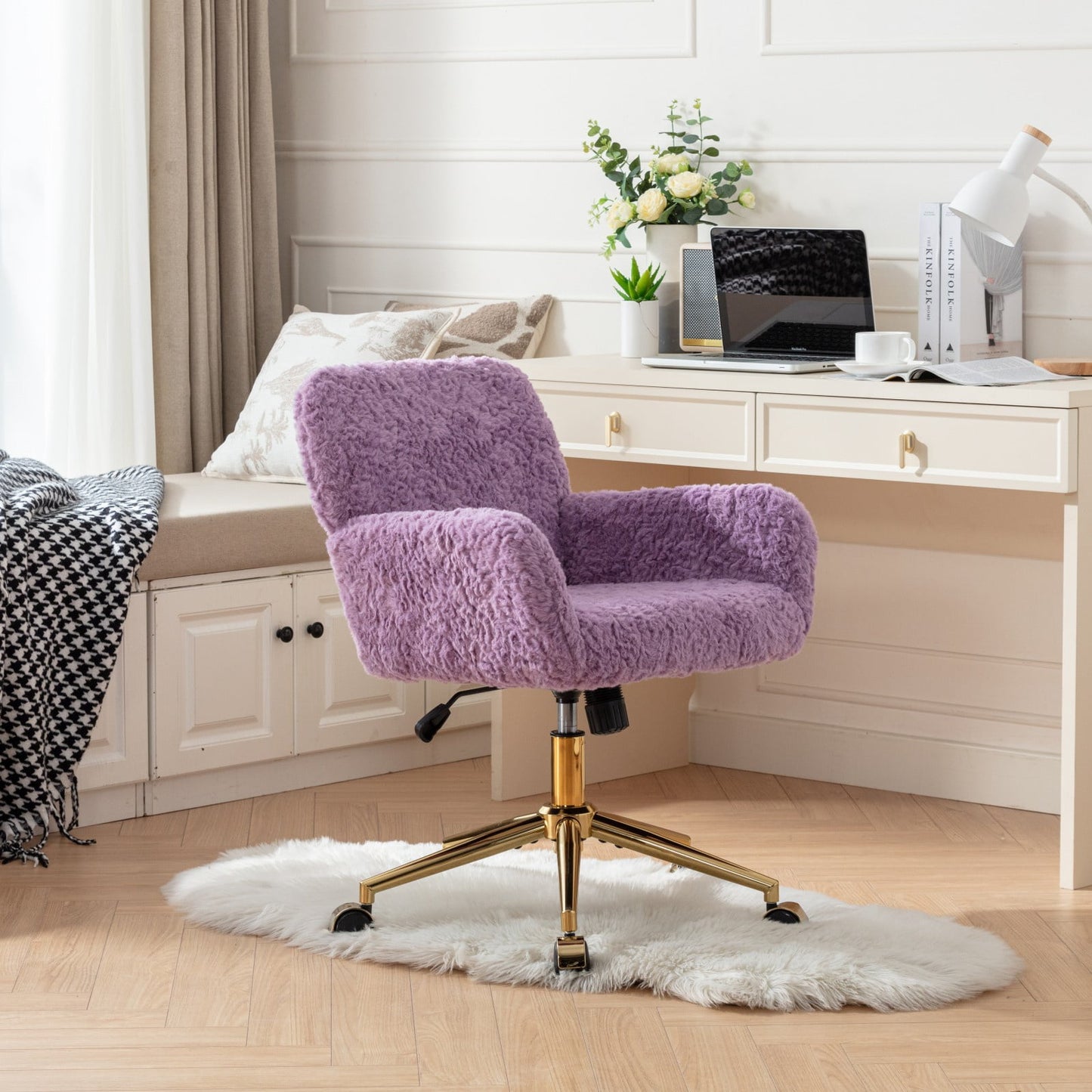 Tenalic  Modern Makeup Chair, 360° Swivel Computer Chair, Mid Back Chair, Living Room Chairs, Purple